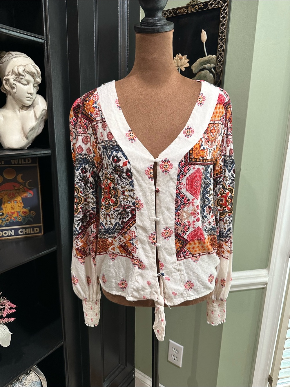 Altar’d State Patchwork Tie‑Front Boho Blouse – Size Medium